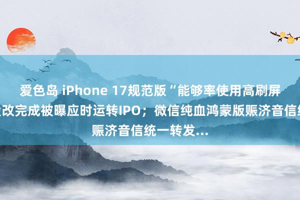 爱色岛 iPhone 17规范版“能够率使用高刷屏”；荣耀股改完成被曝应时运转IPO；微信纯血鸿蒙版赈济音信统一转发...